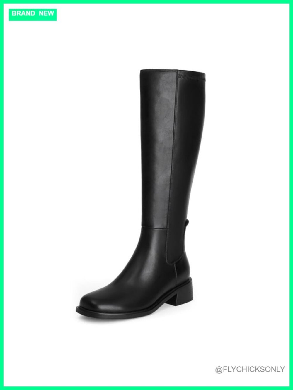 Knee High Boots Faux Leather Low Block Heel Square Toe Tall Stretch Women